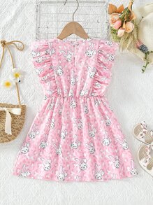 Toddler Girls Rabbit Print Ruffle Trim Bow Front Dress - Pink - View 2