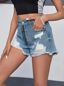 Ripped Raw Hem Denim Shorts - Medium Wash - View 3