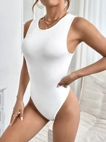 SHEIN PETITE Solid Slim Fit Tank Bodysuit - White - View 3