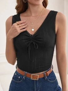 SHEIN Frenchy 蕾絲邊前抽繩背心上衣 - 黑色 - 查看 2