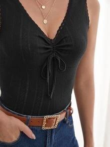 SHEIN Frenchy 蕾絲邊前抽繩背心上衣 - 黑色 - 查看 4