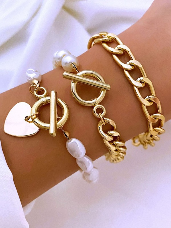 3pcs/Set Faux Pearl Beaded Bracelet With Love Pendant And Toggle Clasp