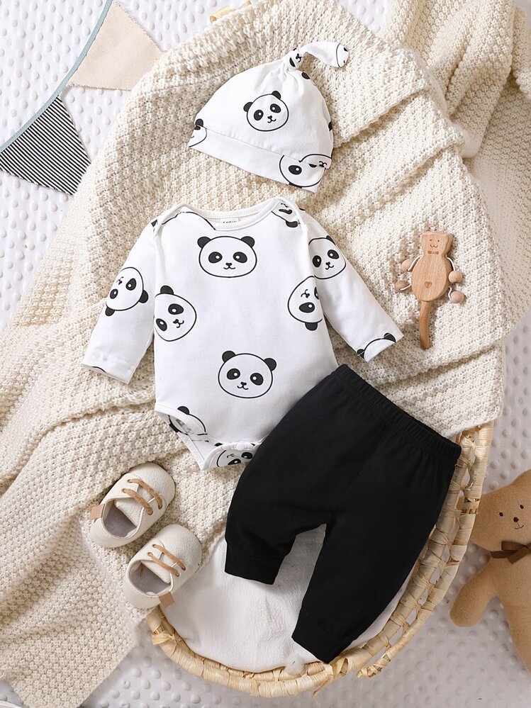 SHEIN Nouveau-né Bébé Garçon Body Imprimé Panda & Pantalon - Noir et Blanc - Voir 1