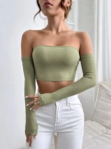 SHEIN PETITE 一字肩短款上衣