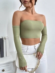 SHEIN PETITE 一字肩短款上衣