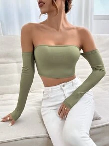 SHEIN PETITE 一字肩短款上衣