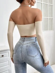 SHEIN PETITE Off Shoulder Crop Off Shoulder Top - Khaki - View 2