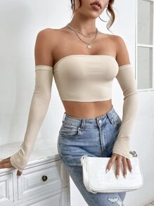 SHEIN PETITE Off Shoulder Crop Off Shoulder Top - Khaki - View 3