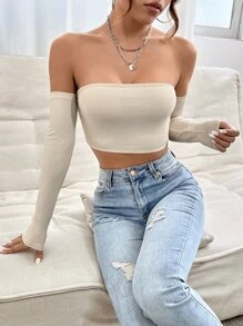SHEIN PETITE Off Shoulder Crop Off Shoulder Top - Khaki - View 5