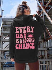 SHEIN EZwear Slogan Graphic Drop Shoulder Drawstring Thermal Lined Hoodie - Black - View 1