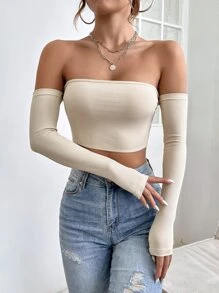 SHEIN PETITE Off Shoulder Crop Off Shoulder Top - Khaki - View 6