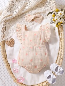 嬰兒波點圖案荷葉邊背帶連體衣和頭巾 - 卡其色 - 查看 1