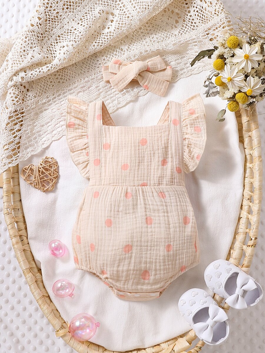 嬰兒波點圖案荷葉邊背帶連體衣和頭巾 - 卡其色 - 查看 1