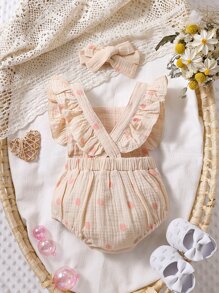 嬰兒波點圖案荷葉邊背帶連體衣和頭巾 - 卡其色 - 查看 2