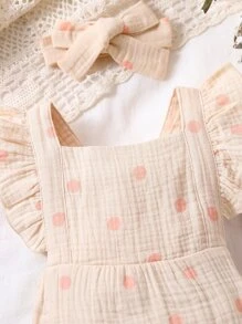 嬰兒波點圖案荷葉邊背帶連體衣和頭巾 - 卡其色 - 查看 4