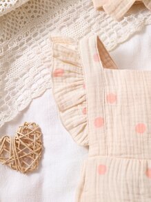 嬰兒波點圖案荷葉邊背帶連體衣和頭巾 - 卡其色 - 查看 5