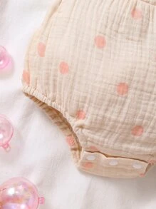嬰兒波點圖案荷葉邊背帶連體衣和頭巾 - 卡其色 - 查看 6