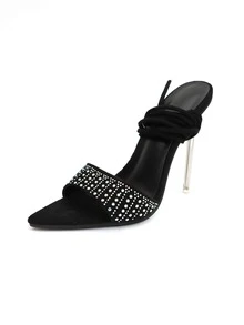 Faux Suede Rhinestone Decor Tie Leg Design Stiletto Heeled Strappy Sandals - Black - View 3