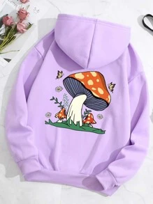 SHEIN EZwear Mushroom Print Drawstring Thermal Lined Hoodie - Lilac Purple - View 1