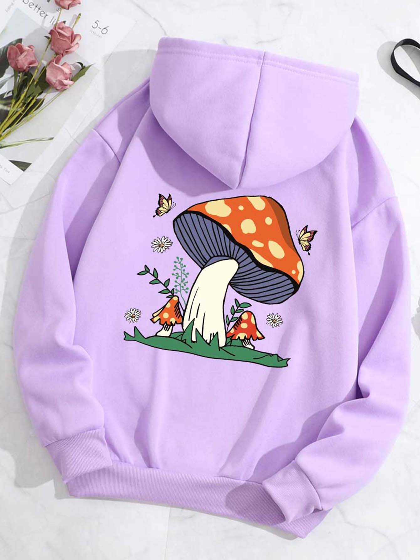 SHEIN EZwear Mushroom Print Drawstring Thermal Lined Hoodie - Lilac Purple - View 1