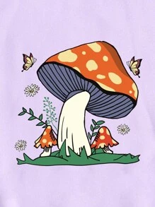 SHEIN EZwear Mushroom Print Drawstring Thermal Lined Hoodie - Lilac Purple - View 6