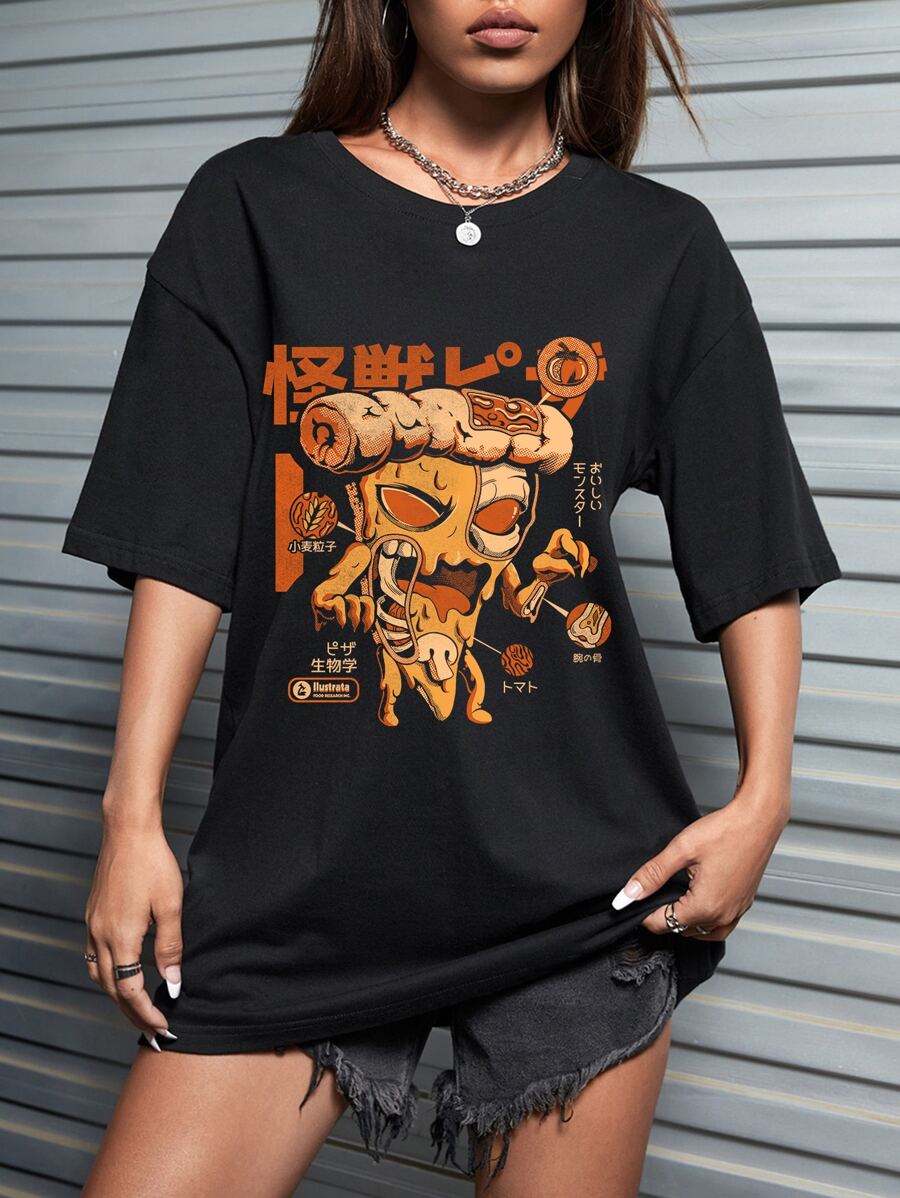 Ilustrata J-Fashion Camiseta de hombros caídos con estampado de letra y dibujos animados - Negro - Ver 1