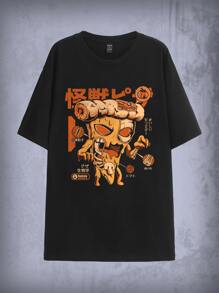 Ilustrata J-Fashion Camiseta de hombros caídos con estampado de letra y dibujos animados - Negro - Ver 3