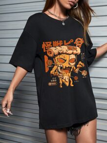 Ilustrata J-Fashion Camiseta de hombros caídos con estampado de letra y dibujos animados - Negro - Ver 4