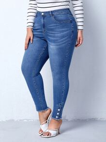 Plus High Waist Button Hem Skinny Jeans - Medium Wash - View 1