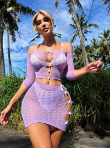 Hollow Out Off Shoulder Ring Linked Mesh Lingerie Set Without Liner - Mauve Purple - View 3
