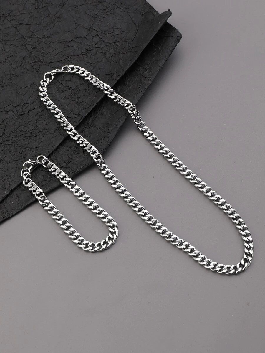 Men Minimalist Bracelet & Necklace - Silver - View 1
