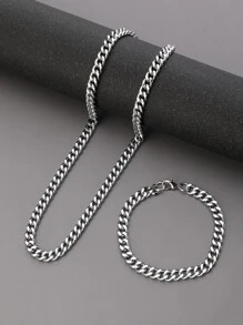 Men Minimalist Bracelet & Necklace - Silver - View 2