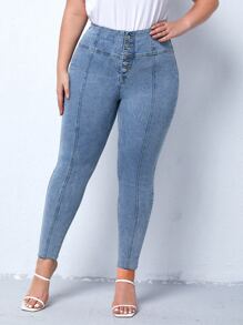 Plus High Waist Button Fly Skinny Jeans - Light Wash - View 1