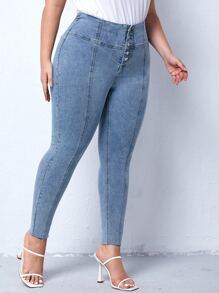 Plus High Waist Button Fly Skinny Jeans - Light Wash - View 4