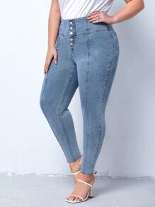 Plus High Waist Button Fly Skinny Jeans - Light Wash - View 5