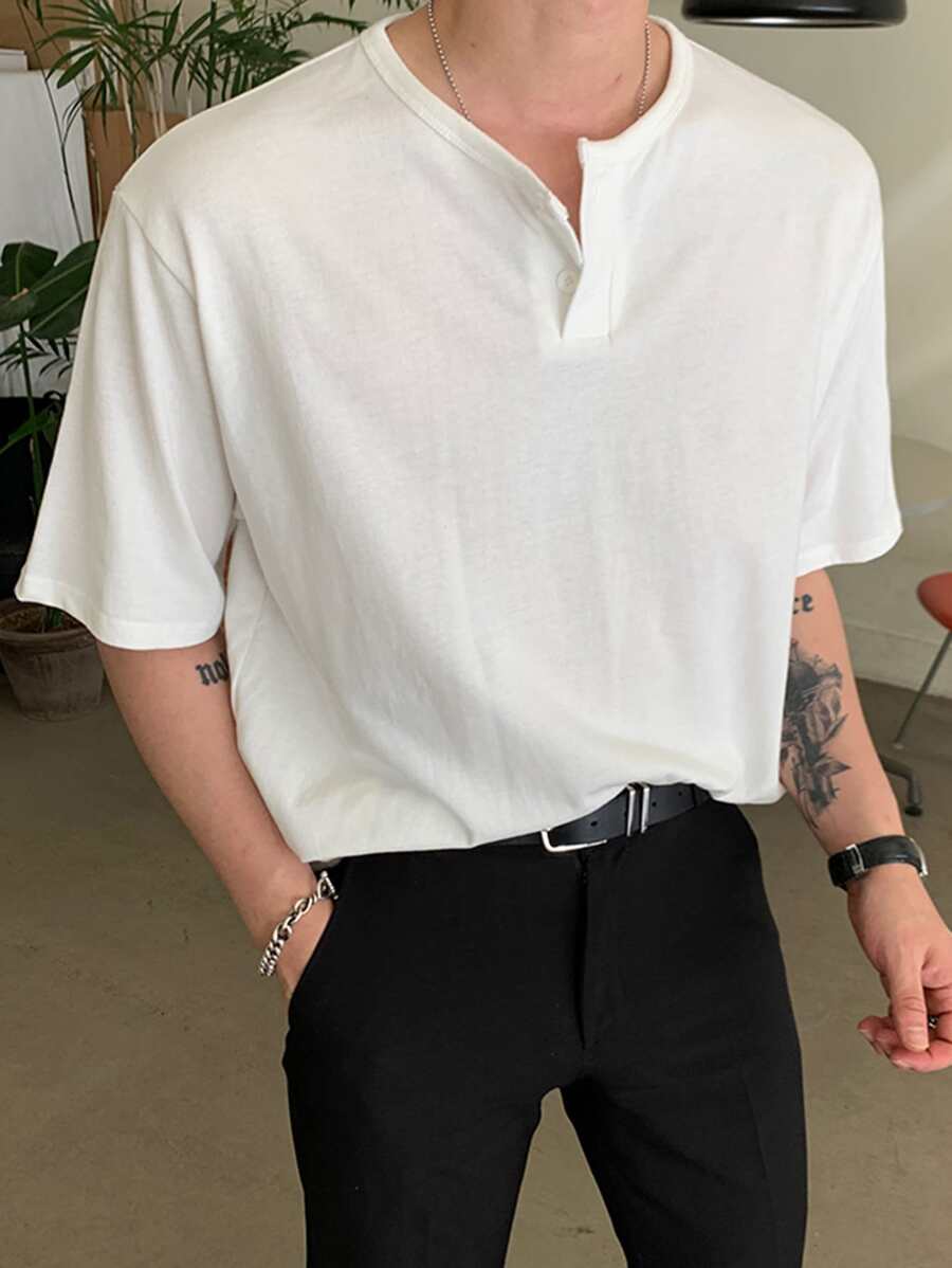 DAZY 男士棉半排扣T恤 - 白色 - 查看 1