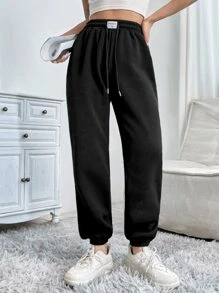 SHEIN PETITE Letter Patched Detail Drawstring Waist Sweatpants - Black - View 1