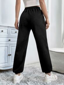 SHEIN PETITE Letter Patched Detail Drawstring Waist Sweatpants - Black - View 2