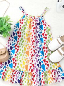Toddler Girls Heart Print Ruffle Hem Cami Dress - Multicolor - View 4