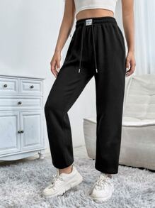 SHEIN PETITE Letter Patched Detail Drawstring Waist Sweatpants - Black - View 3