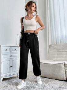 SHEIN PETITE Letter Patched Detail Drawstring Waist Sweatpants - Black - View 4