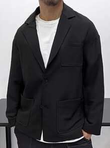 Manfinity Men 1pc Lapel Neck Pocket Patched Blazer - Black - View 3