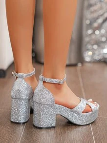 Long lanh Gót thô Dép Quai Quai Mắt Cá Chân , Cao Nền tảng Màu bạc Buổi tiệc Long lanh Màu thuần Của phụ nữ Giày cao gót Dép xăng đan - Bạc - Xem 5