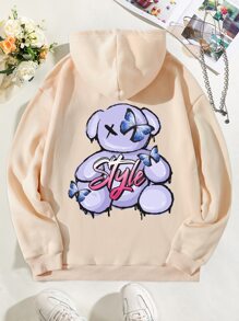 SHEIN EZwear Butterfly & Letter Graphic Drawstring Thermal Lined Hoodie - Apricot - View 1
