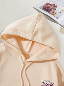 SHEIN EZwear Butterfly & Letter Graphic Drawstring Thermal Lined Hoodie - Apricot - View 3