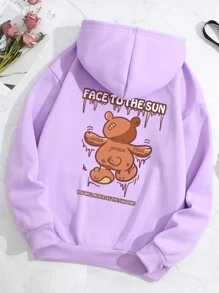 SHEIN EZwear Bear & Slogan Graphic Kangaroo Pocket Drawstring Thermal Hoodie - Lilac Purple - View 1