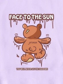 SHEIN EZwear Bear & Slogan Graphic Kangaroo Pocket Drawstring Thermal Hoodie - Lilac Purple - View 5