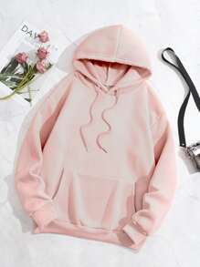 SHEIN EZwear Bear & Slogan Graphic Drawstring Thermal Lined Hoodie - Baby Pink - View 2