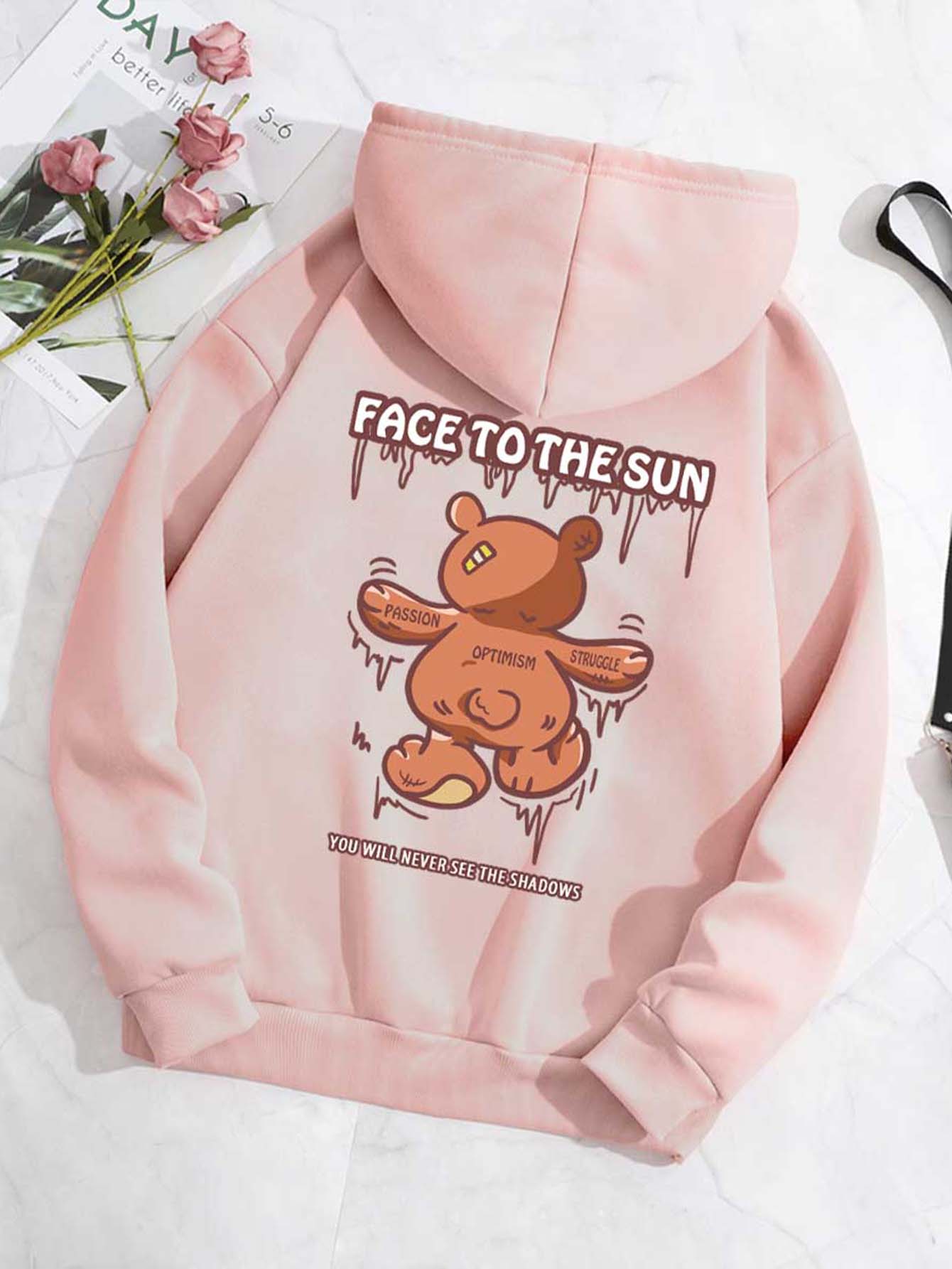 SHEIN EZwear Bear & Slogan Graphic Drawstring Thermal Lined Hoodie - Baby Pink - View 1