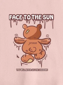 SHEIN EZwear Bear & Slogan Graphic Drawstring Thermal Lined Hoodie - Baby Pink - View 6